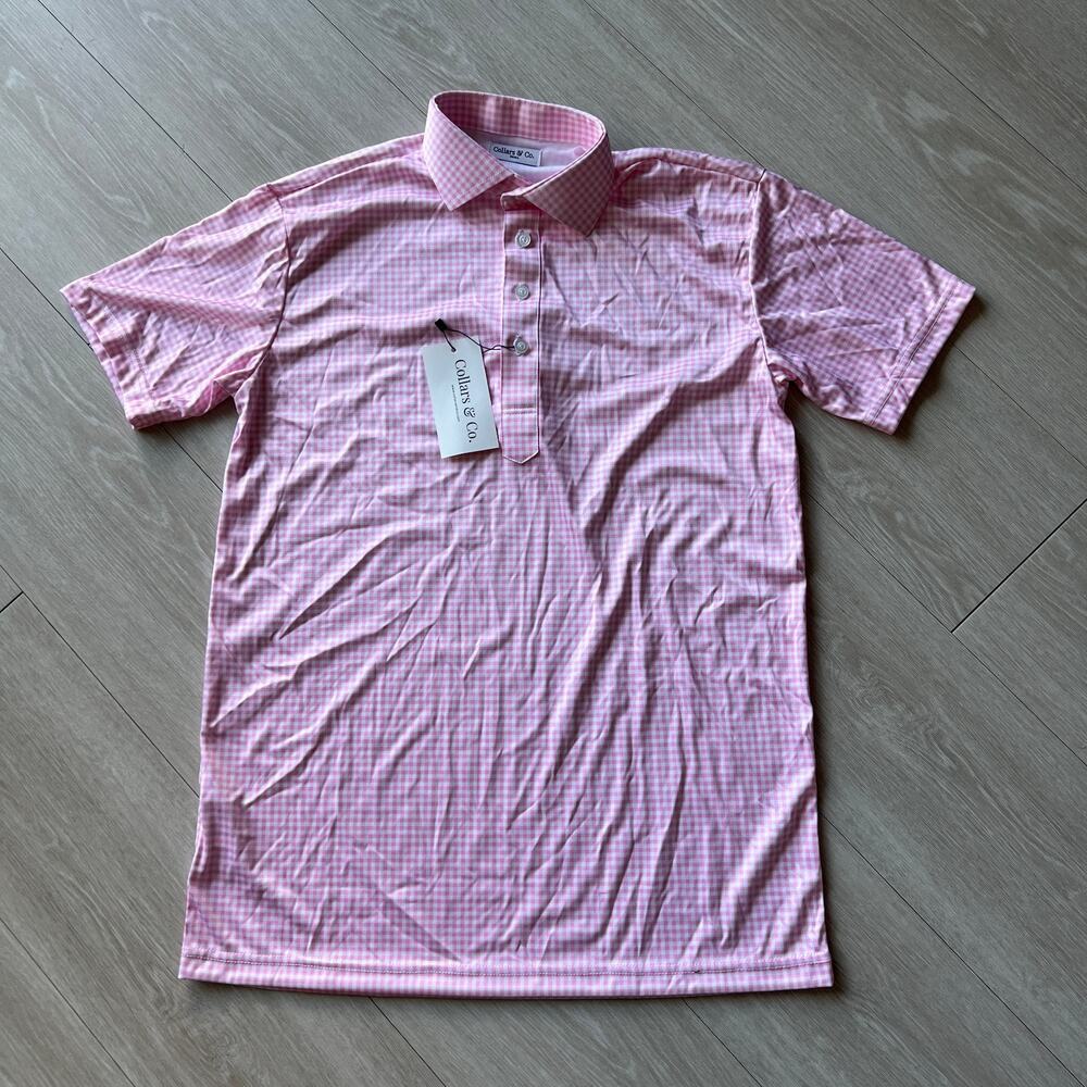 Collars & Co Dress Collar Polo Mens Small Pink White Gingham